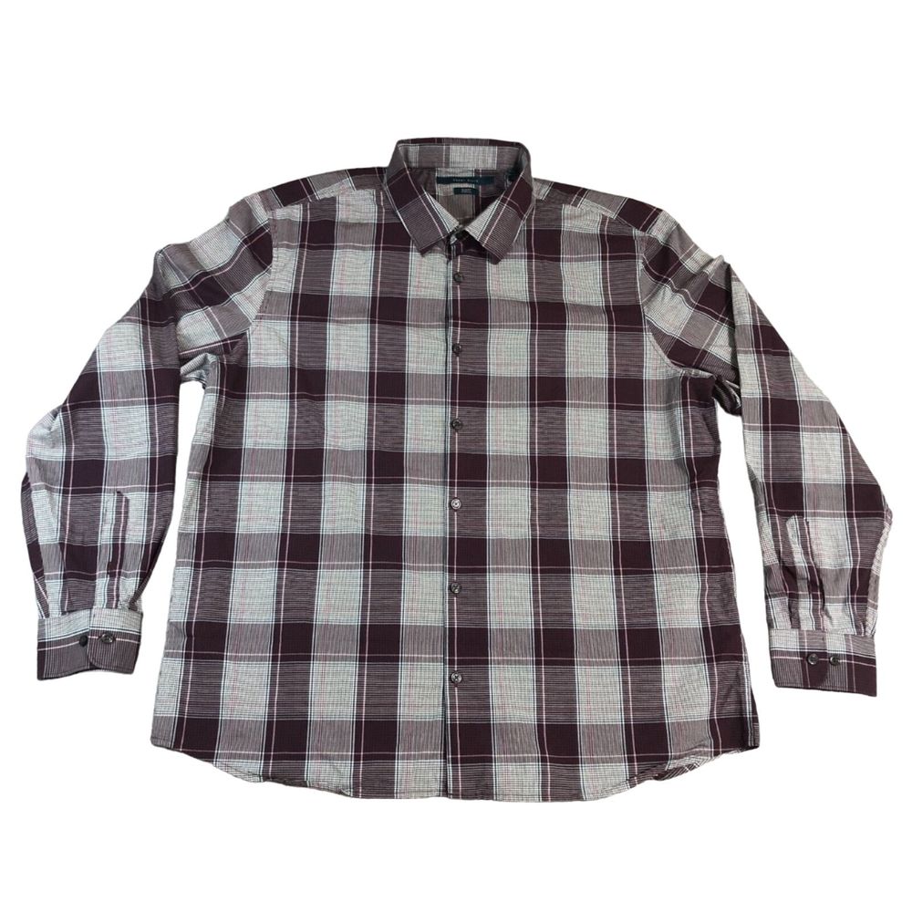 Perry Ellis Shirt Mens 2Xlarge Gray Plaid Oxford Slim‎ Stretch Preppy Button Up